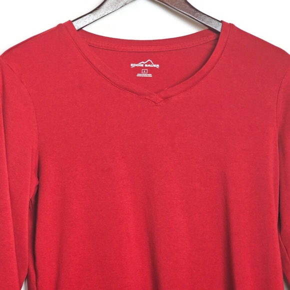Eddie Bauer Size L Red Long Sleeve Pullover Knit Top Vee Neck - Picture 2 of 5